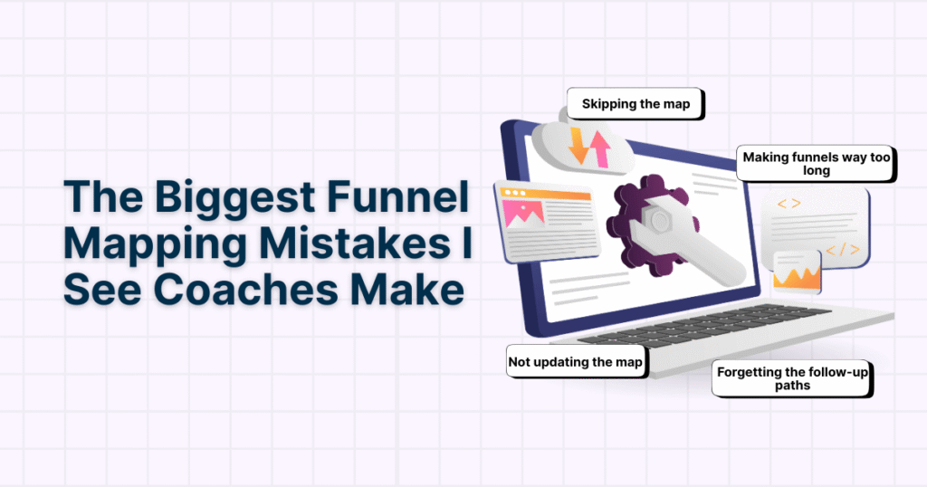 7 Best Funnel Mapping Tools for Coaches (2025 Comparison & Guide) 10 Illustration of a business coach looking at a messy funnel map with too many arrows, representing common funnel mapping mistakes.