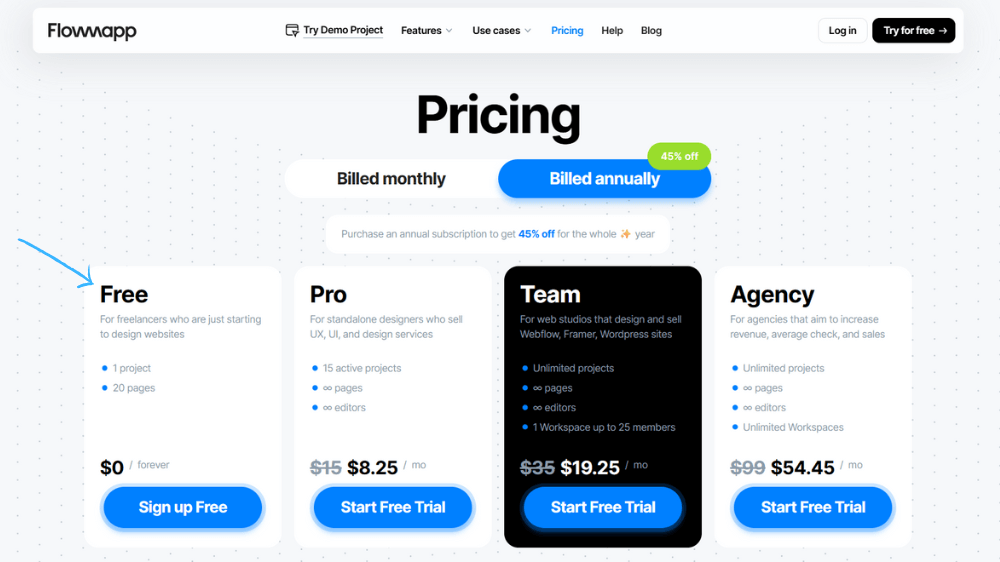 7 Best Funnel Mapping Tools for Coaches (2025 Comparison & Guide) 9 Screenshot of FlowMapp pricing plans showing free, pro, and agency options for coaches who map client journeys and sales funnels visually.