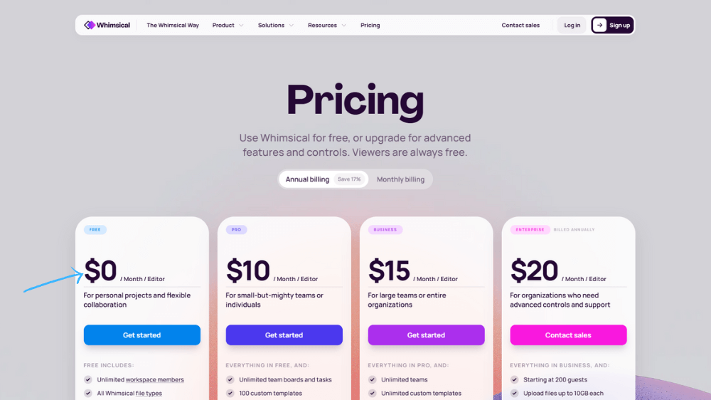 7 Best Funnel Mapping Tools for Coaches (2025 Comparison & Guide) 6 Screenshot of Whimsical pricing plans showing free and paid options for coaches who use it to map sales funnels visually.