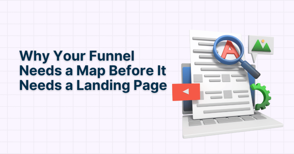 7 Best Funnel Mapping Tools for Coaches (2025 Comparison & Guide) 11 Illustration of a coach planning a funnel map on a whiteboard before building a landing page, showing the importance of strategy before design.