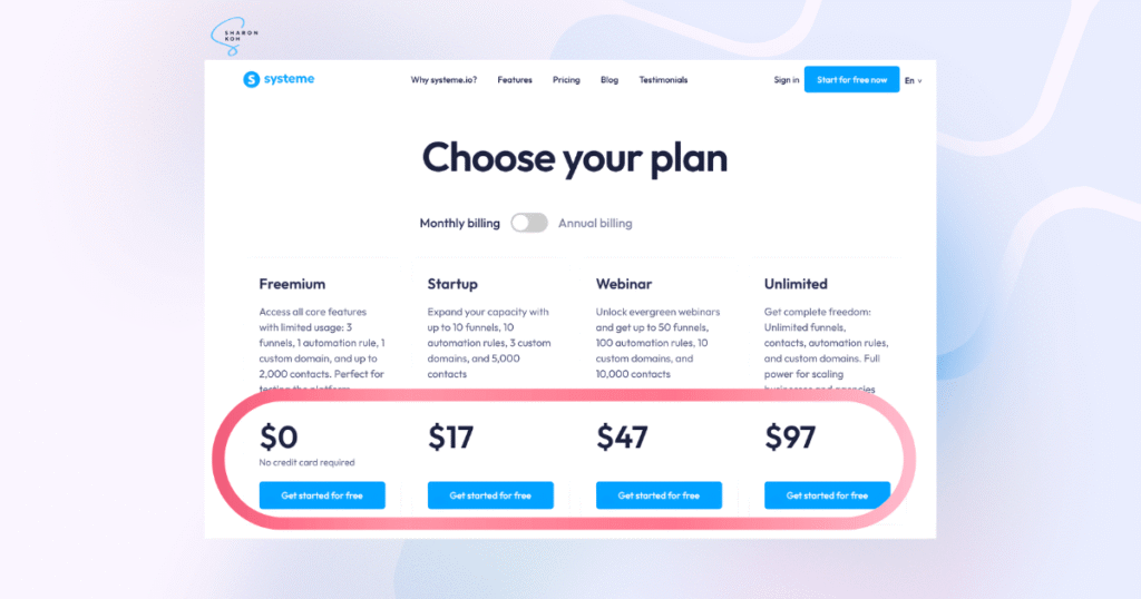 Chart showing Systeme.io paid plan pricing tiers with features for coaches and creators